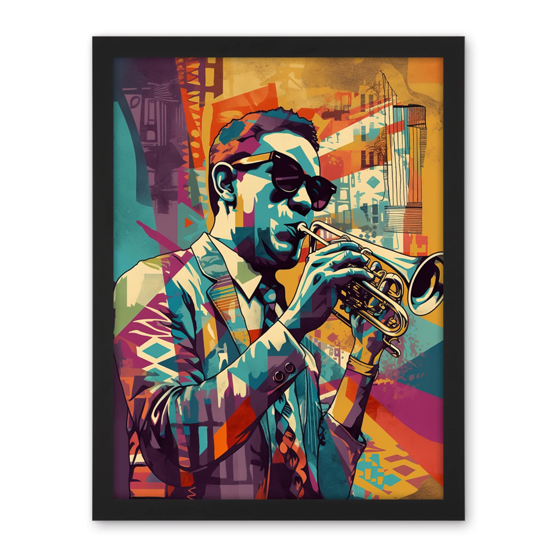 Artery8 Trumpet Player Jazz Musician with Sunglasses Modern Colour Linocut Print Artwork Framed Wall Art Print 18X24 Inch