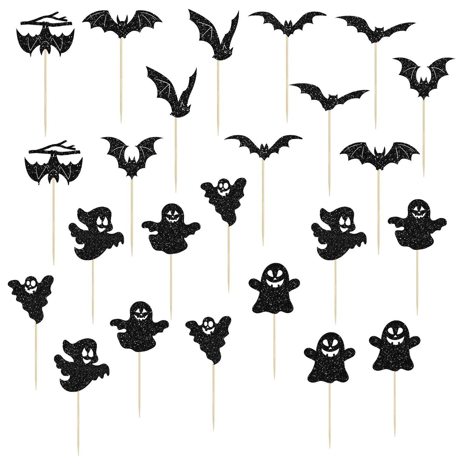 Eowvisn Black 12 Pieces Bat Cake Inserts, 12 Pieces Ghost Cake Inserts, Birthday Cake Inserts, Cupcake Inserts, Halloween Decoration Inserts, Themed Party Decoration Inserts