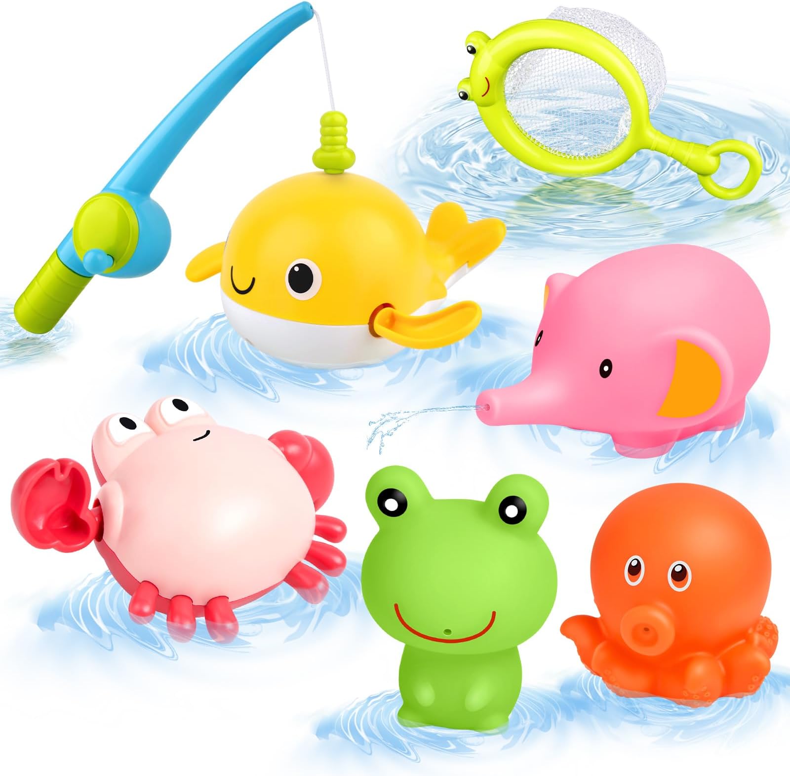 Baby Bath Toys, Wind Up Magnetic Fishing Games Bathroom Squirt Toy with Fishing Net, Floating Pool Bathtub Toys, Montessori Toys for Toddlers, Boys, Girls (Style B)
