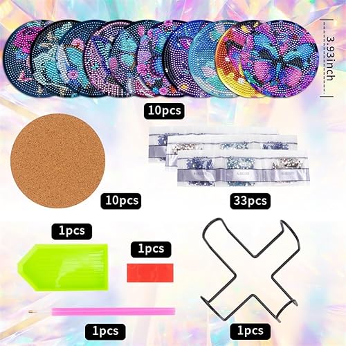 Miniatura 3 de SOEWIOU 10 posavasos de pintura de diamante de mariposa con soporte, kits de pintura de diamantes de flores para principiantes, adultos y niños,