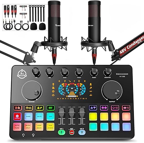 Paquete de equipo de podcast para 2, mezclador de DJ de interfaz de audio con micrófono condensador XLR de 48 V, RGB, cambio de voz, para