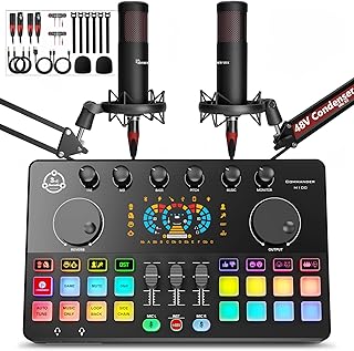 Podcast Equipment Bundle for 2, Audio Interface DJ Mixer with 48V XLR Condenser Microphone, RGB,Voice Change, for Streaming, Podcast Recording,Tiktok,PC, Smartphone COMMANDER M100 3rd