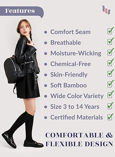 Miniatura 4 de Hugh Ugoli 3 Pairs Silky Soft Premium Bamboo Socks for Girls, Boys, Kids, Absorb Sweat, Knee High Long Dress School Uniform