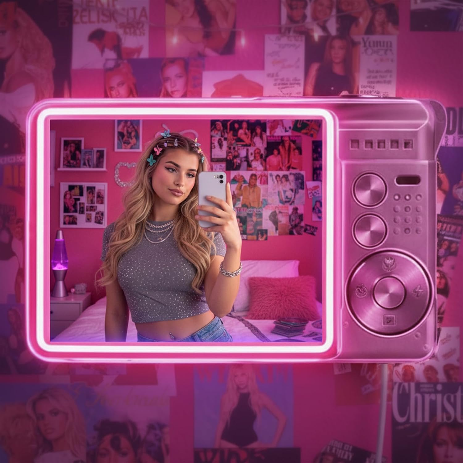 Custom Camera Mirror Neon Sign for Girls Fashion Bloggers Couples, Personalized Acrylic Mirror Neon Light for Women Bedroom Home Entryway Vanity Y2K Wall Gym Bar Decor Adjustable LED Brightness