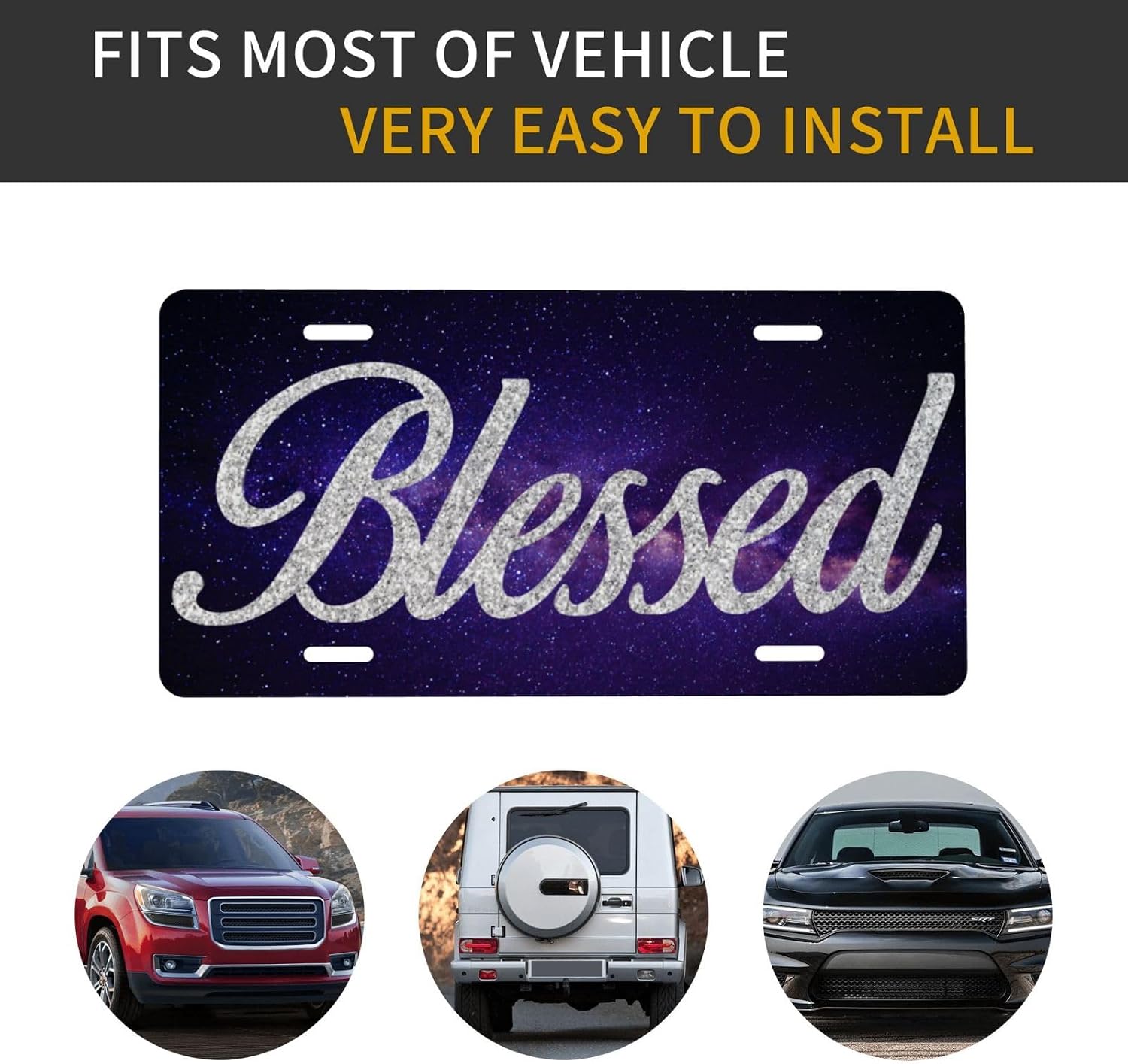 Galaxy Blessed Front License Plate for Women Car Vanity Plates Decorative Aluminum Metal Cute Novelty License Plate Cover for Men 6x12 Inch (4 Holes)