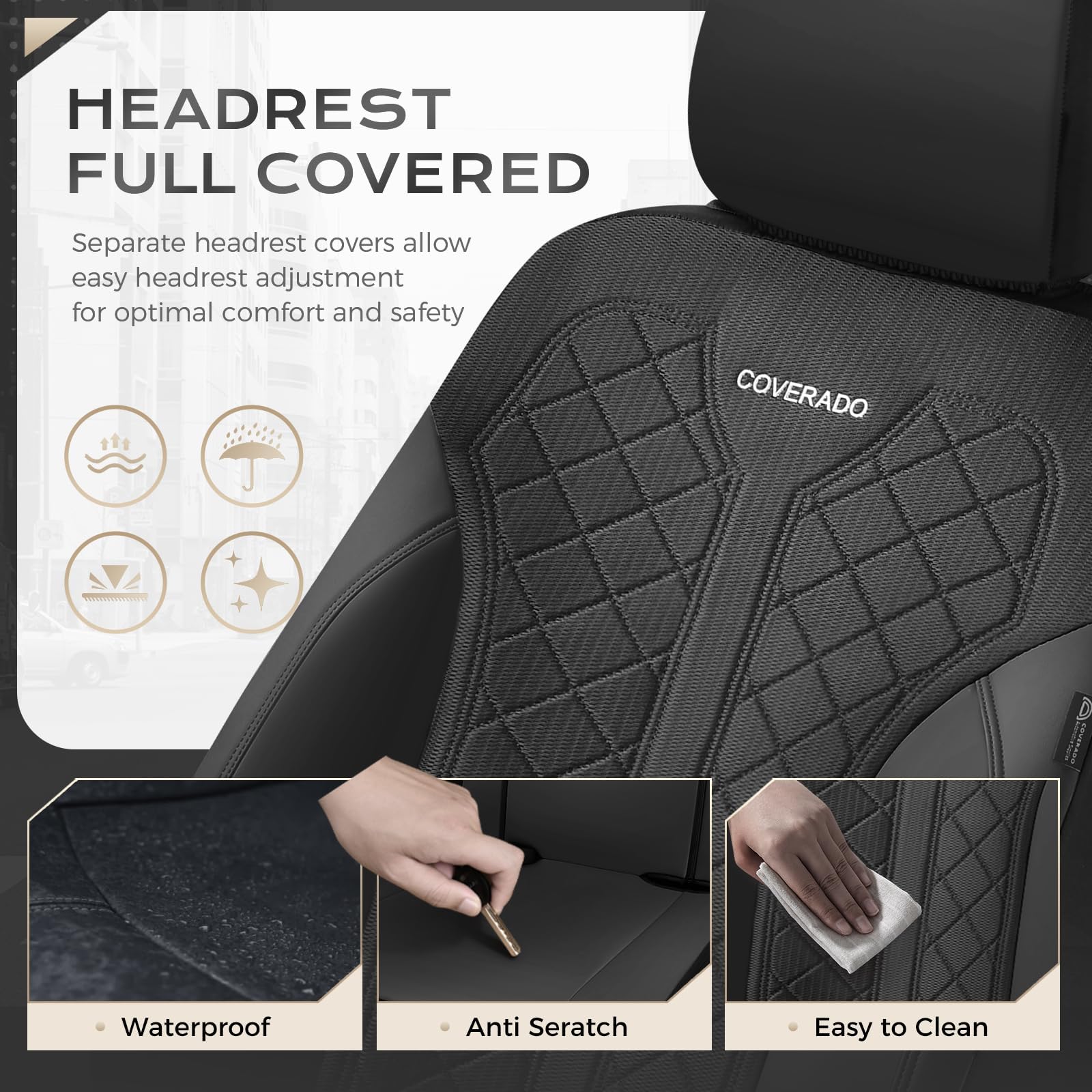 Coverado Auto Sitzbedeckungen 5 Sitze, Autositzbezüge Komplett Set | Mesh Atmungsfähig Sitzschutz, 5-teilige Spill-Proof Schwarze Automotive Sitzschoner, Universal Pass für SUV, Limousine, LKW