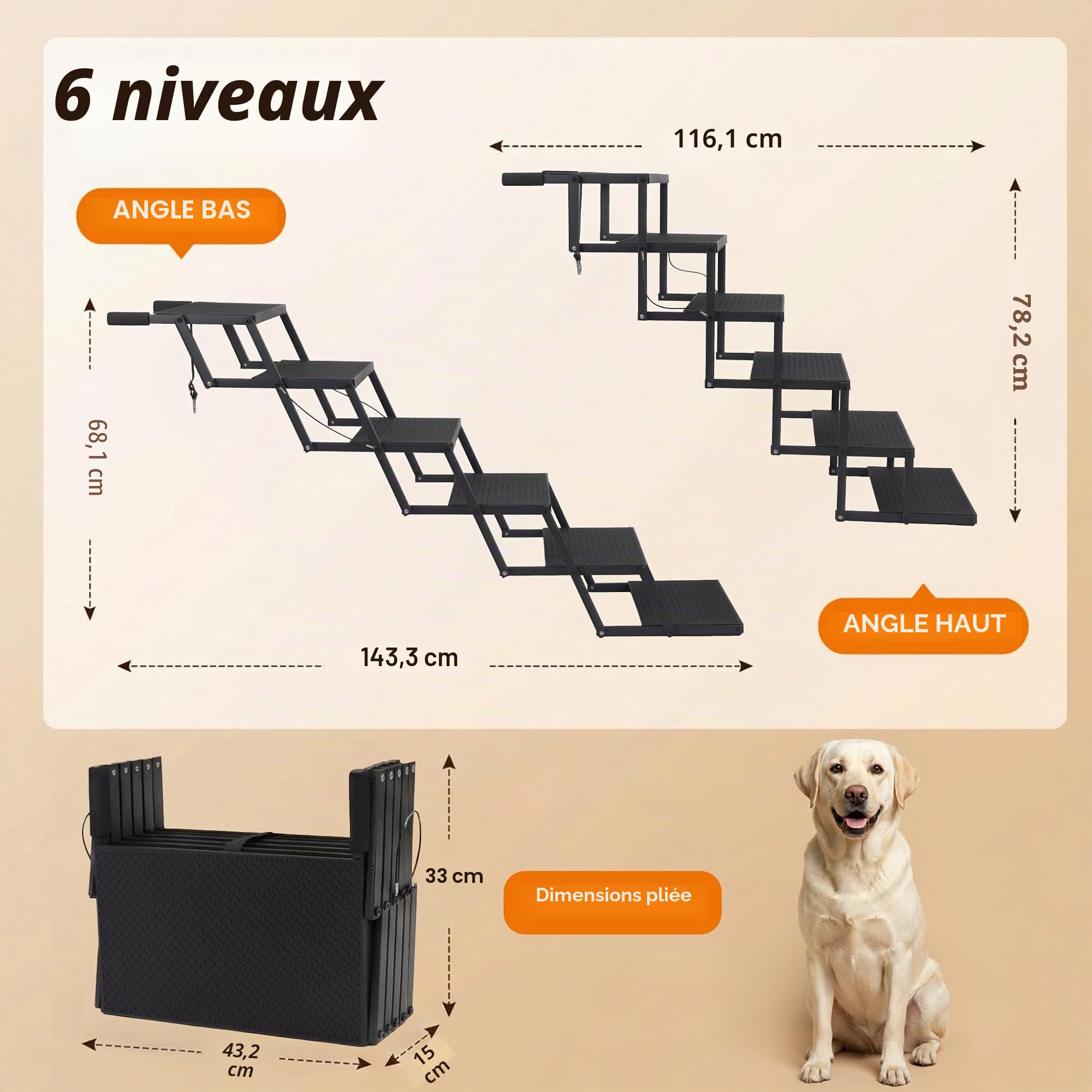 Niubya Escalier Pliable 6 marches pour Voitures, SUV, camions, canapés et Lits – Ultra-léger et antidérapant, jusqu'à 90 kg