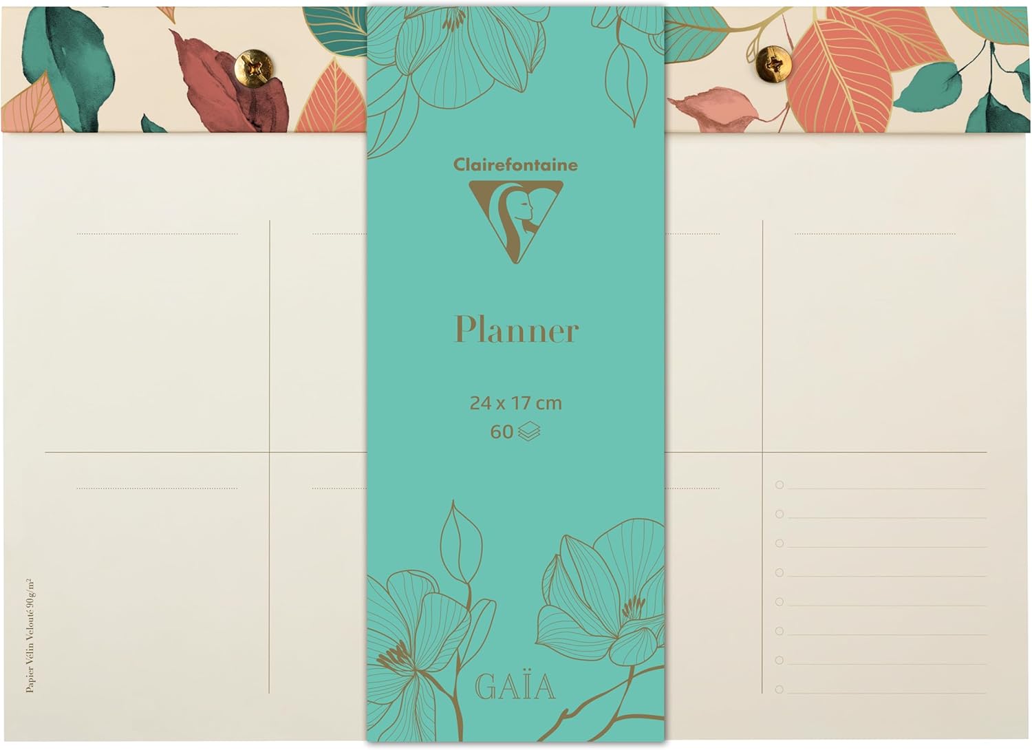 Clairefontaine - 116254C - A 24x17 cm Riveted Planner Pad - 60 Detachable Printed Sheets - 90g Paper - Beige Floral Design - Weekly Planner - Gaïa Beige