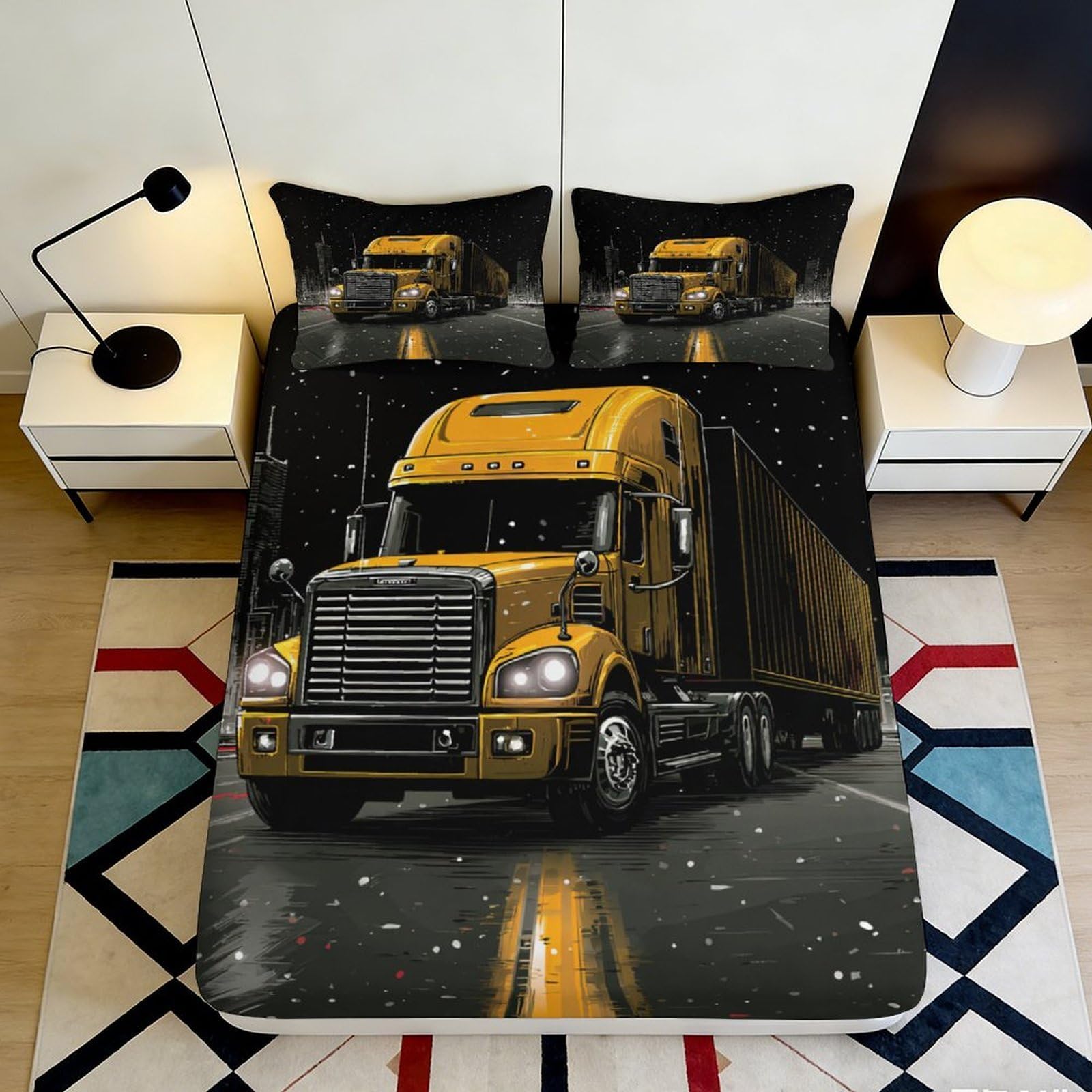 Tjiqhvmrn Style-1 3D Printed Truck Design Fitted Sheet Microfiber Deep Pocket Anti-Slip Truck Pattern Mattress Fitted Cover For Adults Teens Bedroom Bedding 90X200x25cm