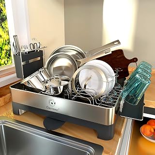 Genteen Dish Drying Rack, Large Dish Rack for Kitchen Counter, Stainless Steel Dish Drainers with Drainboard, Rotatable Spout and Utensil Holder - Gray