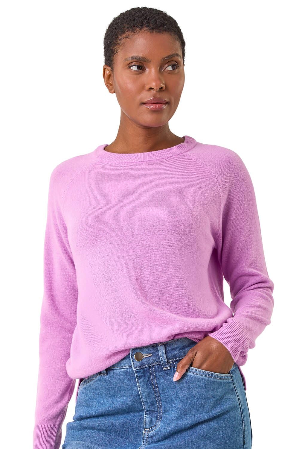 Roman Originals Women's Mauve Roman Soft Jumper For Uk Winter Autumn Sweater Knit Knitwear Round Crew Neck Top Plain Lightweight Comfy Long Sleeve Split Hem Everyday Daywear - Size 20
