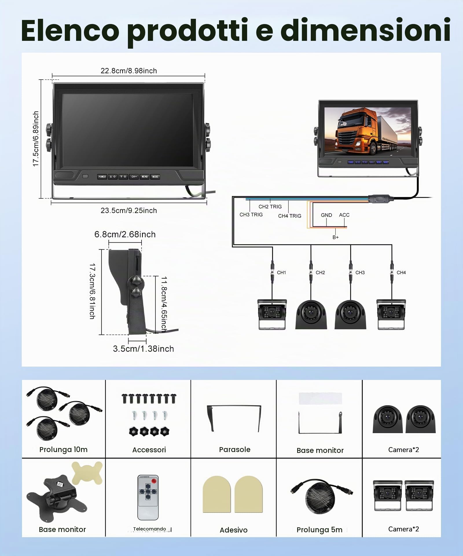 Telecamera Retromarcia Set 4 Telecamere, 9 Pollici Monitor 4 Schermi Suddivisi, IP68 Impermeabile/Visione Notturna/DVR/Loop Video/Ausilio al Parcheggio, per Camion/Bus/KFZ/Furgone/Camper con 35M Cavo