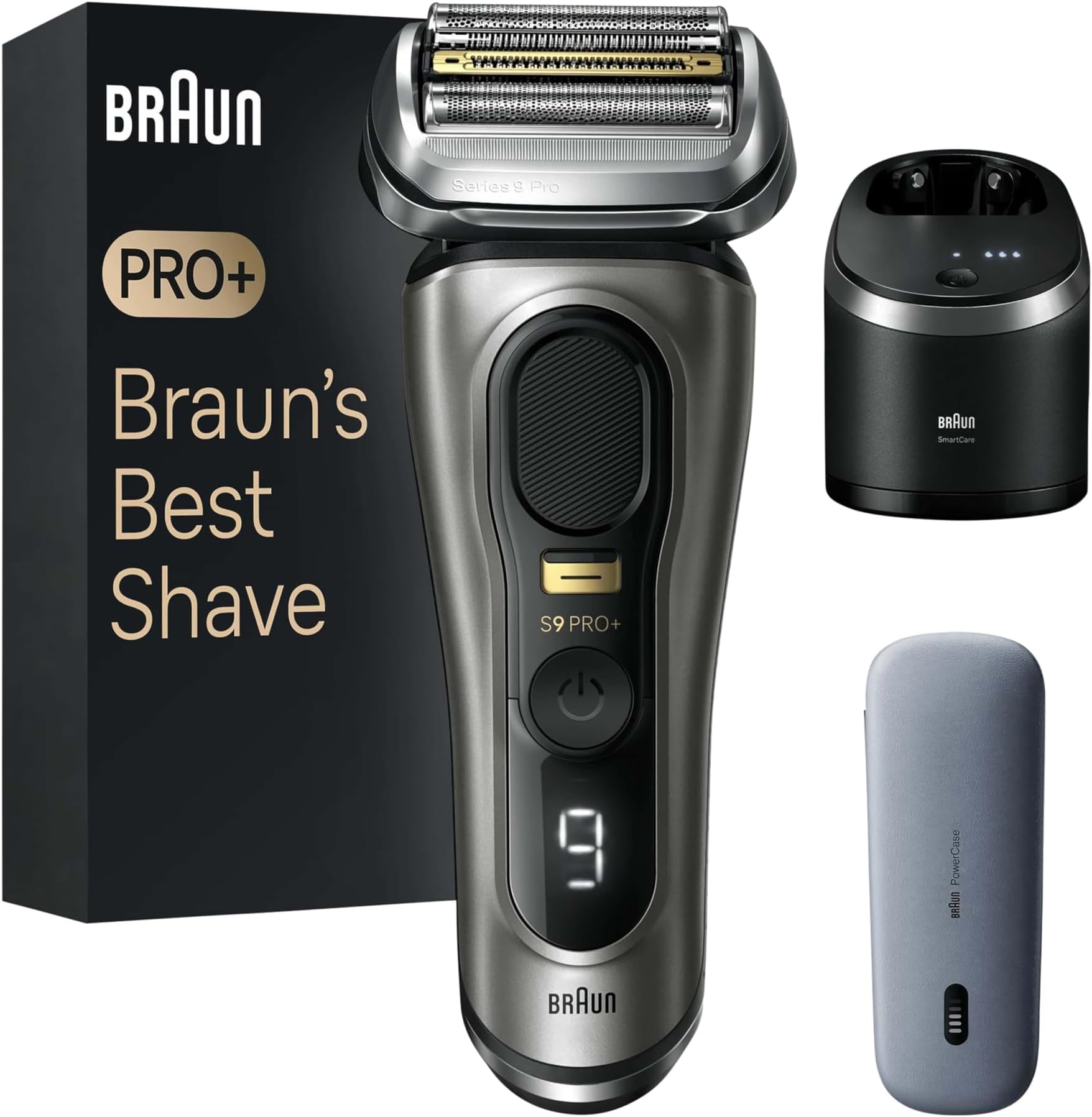 Series 9 Pro+ Electric Shaver with 5 Pro Shaving Elements, Men's Electric Shaver, Long Hair Trimmer, Cleaning Station, Charging Case, PowerCase, Made in Germany, 9575cc, Grey