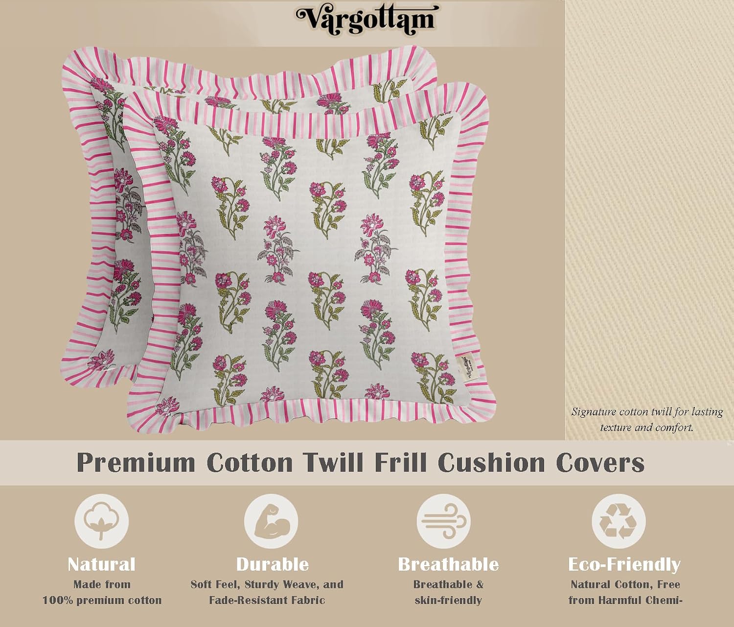 Block Print, Decorative Cushion Covers 16x16-100% Cotton Twill Set of 2 with Ruffle Edges, Farmhouse Print, Concealed Zipper Closure, No Fillers