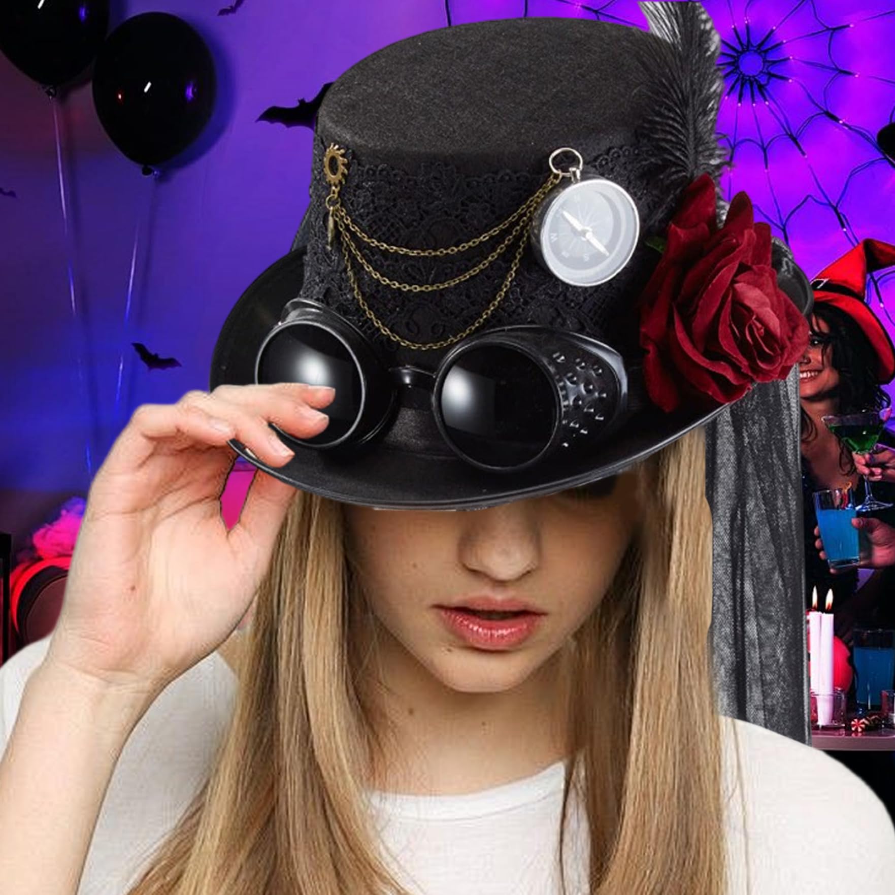 Sombreros Steampunk Sombrero de Copa de Encaje Rosa con Gafas y Velo Disfraz Steampunk gótico Retro para Fiesta de Cosplay de Halloween