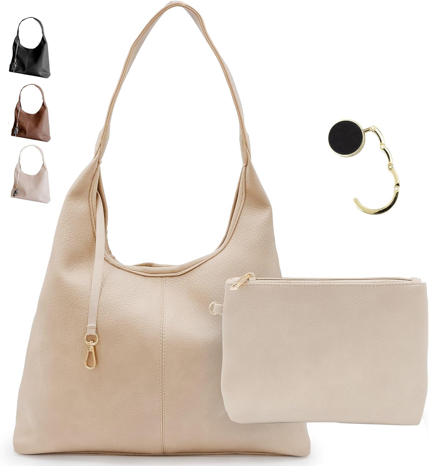 Cee & Dee Vegan Leather Hobo Bag, Slouchy Style with Shoulder Strap, Zippered Compartments, Table Purse Holder, Cosmetics Bag