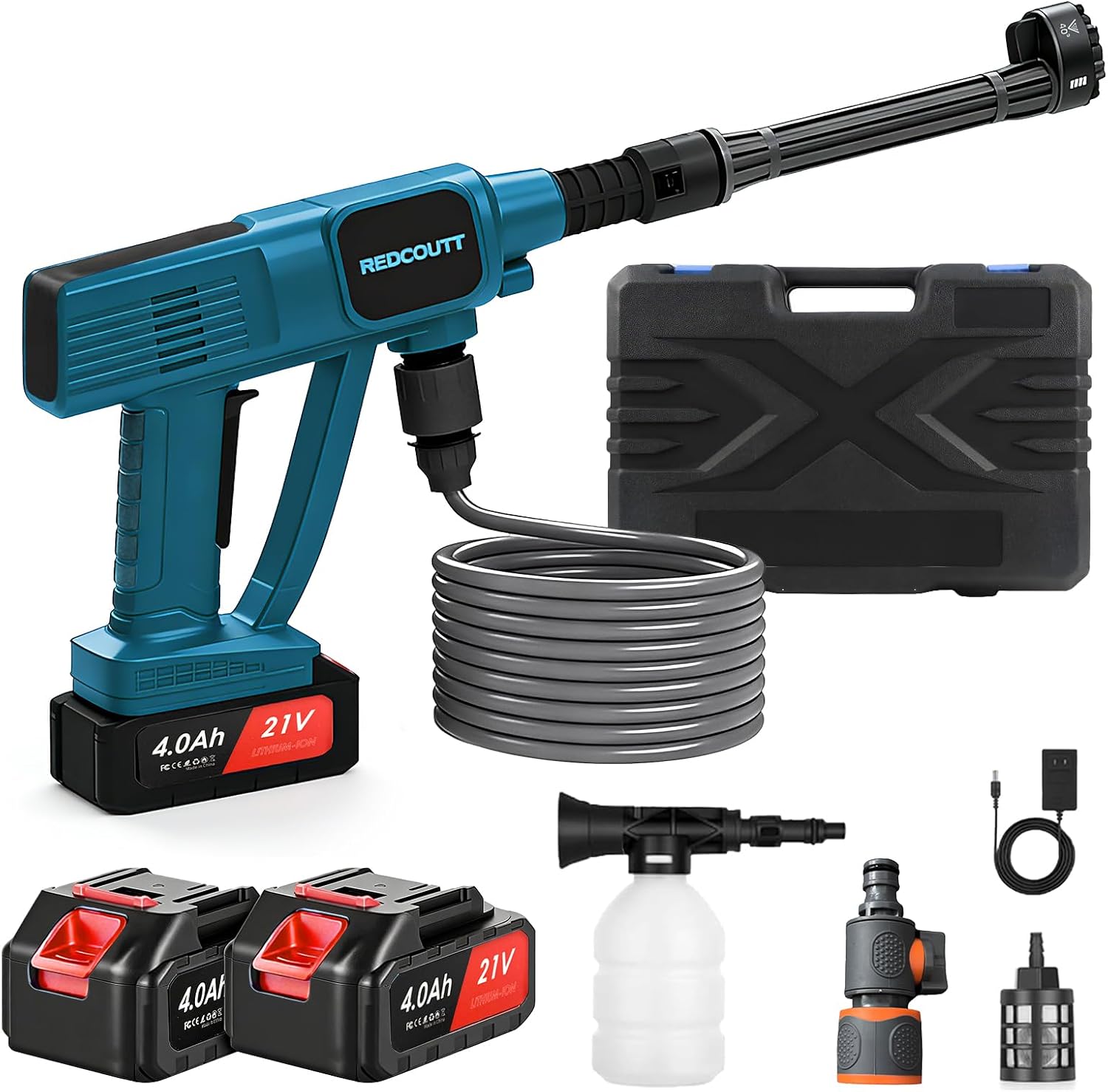 Akku Hochdruckreiniger, 21V Hochdruckreiniger Pistole mit 2 * 4000mah Akkus | 6-In-1 MultifunktionsdüSe, 5 Meter Schlauch, Hochdruckreiniger Akku zum Auto Und Gartenwaschen