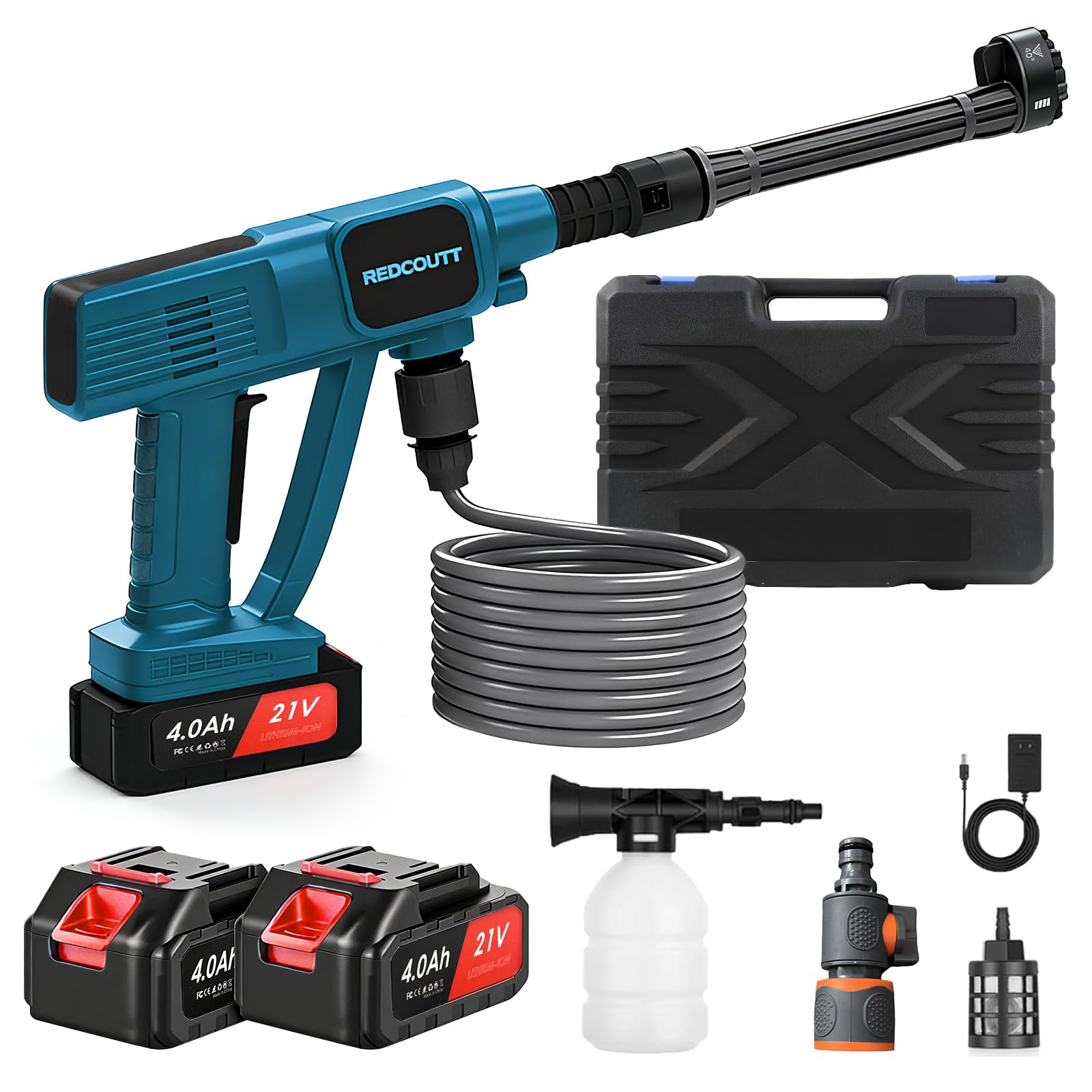 Idropulitrice a Batteria, Pistola Idropulitrice da 21V, Dotata di 2 Batterie da 4000 mAh, Ugello Multifunzione 6 in 1, Tubo da 5M, Batteria per Lavaggio Auto e Giardino