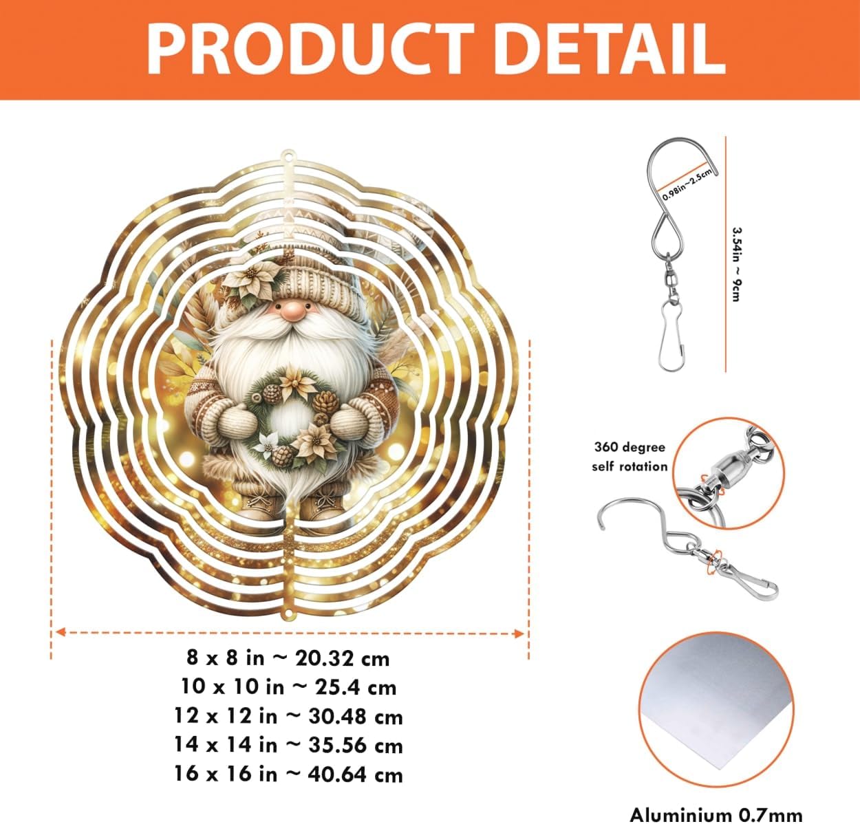 Christmas Gnome Merry Christmas Wind Spinners 3D Stainless Steel Laser Cut Metal Double Sided Printing-Hanging Indoor/Outdoor Decorations Yard Gardening Decor,Metal Kinetic Art 14x14 inches