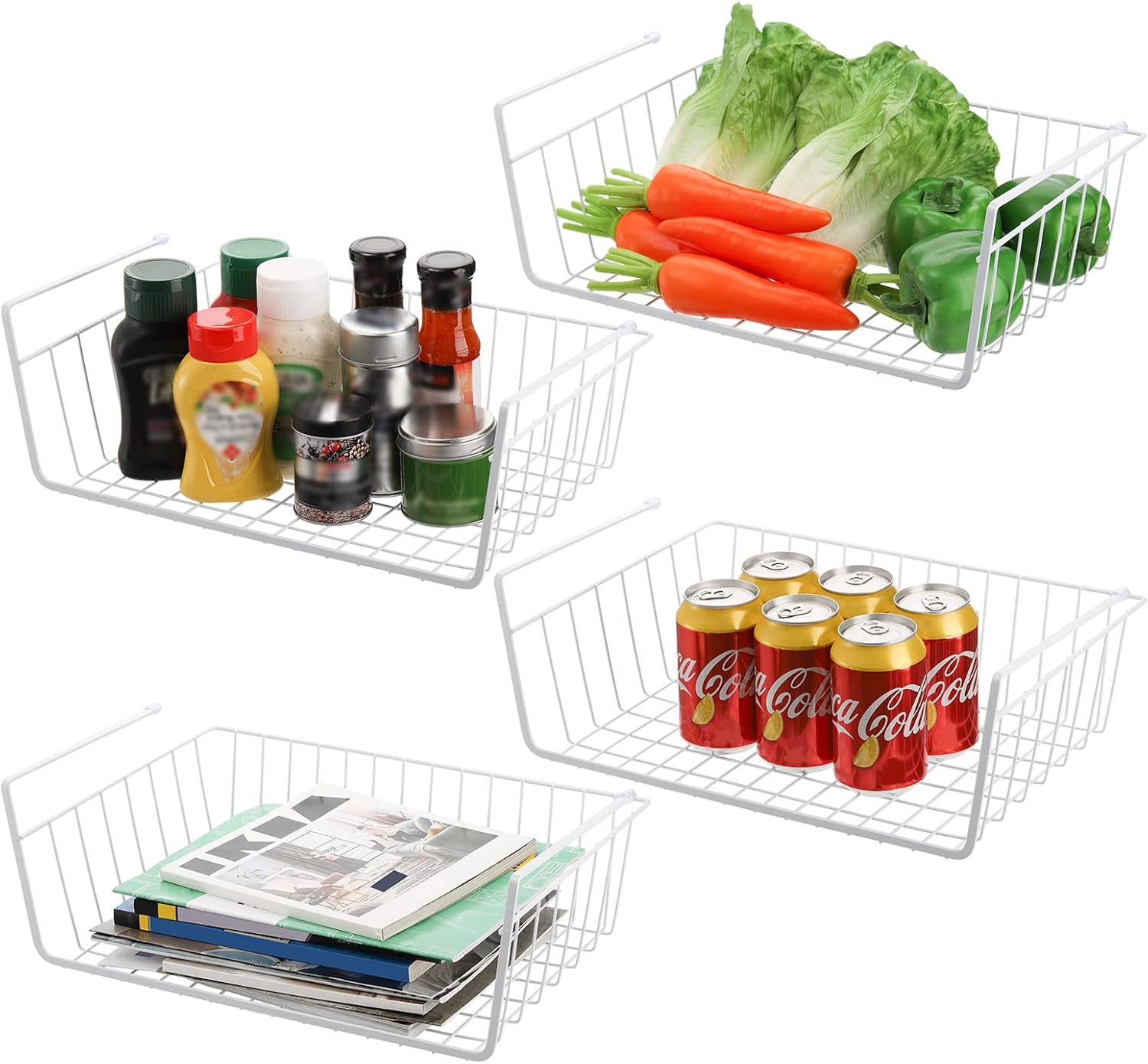 Tebery 4 Pack White Under Shelf Wire Basket Hanging Storage