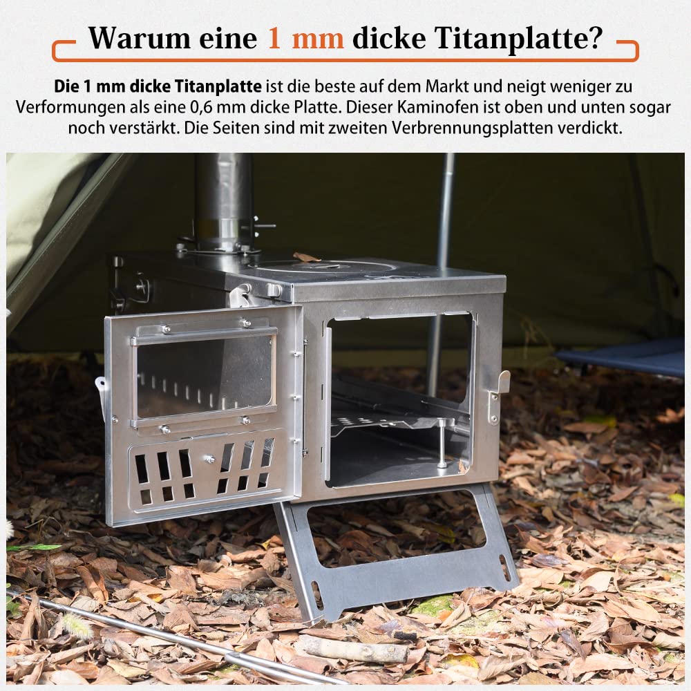TOMOUNT Zeltofen Titanium Ofen Titan Kompakt 38,5cm Holzofen Tragbar Campingherde mit 3M Schornsteinrohr Holzkocher für Zelte, Unterkünfte und Camping