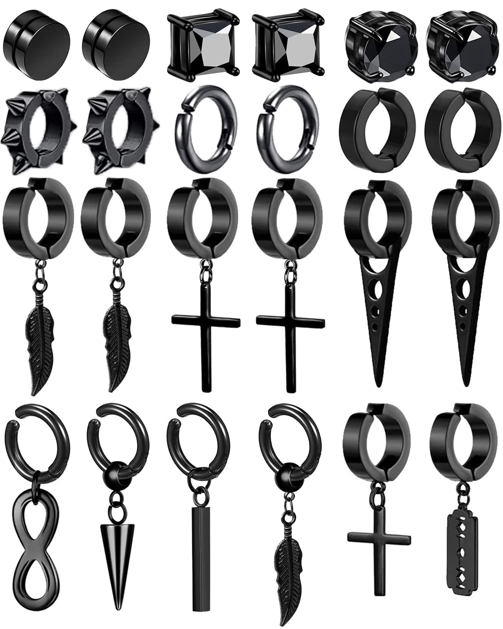 VELESAY 24Piezas Falsos Pendientes de Iman para Hombre Mujer Acero Inoxidable Aros Pendientes Clip Negro Cruz Pluma Pendiente Pendientes de Imán CZ Pendiente de Aro No Perforante Aretes Magnéticos Pendientes