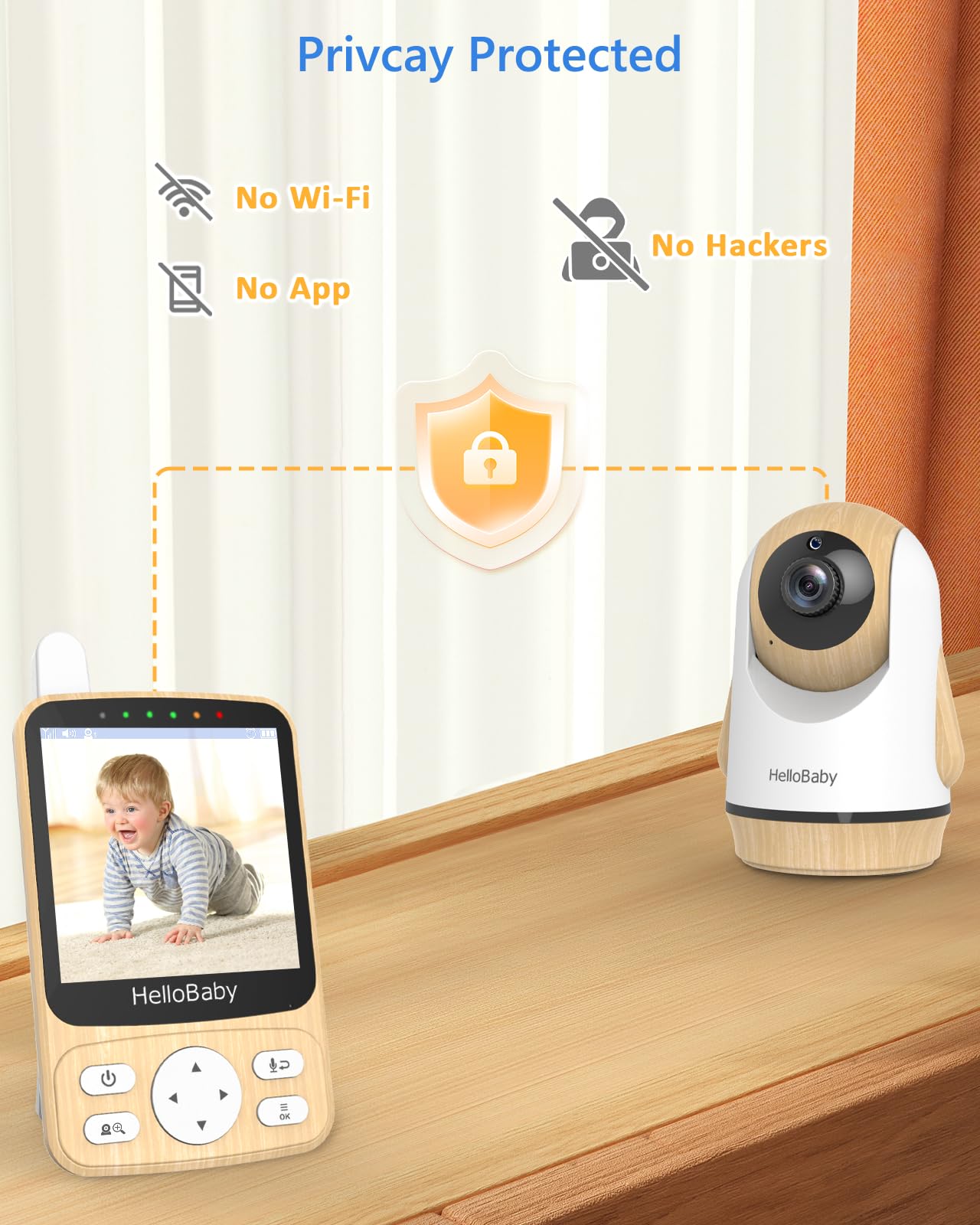 HelloBaby Babyphone Caméra sans WiFi ，Ondes PTZ 4" Vision Nocturne, Autonomie 26h (2800mAh), Portée 300m, Alerte Température and Pleurs, Montage Murale,Voyage