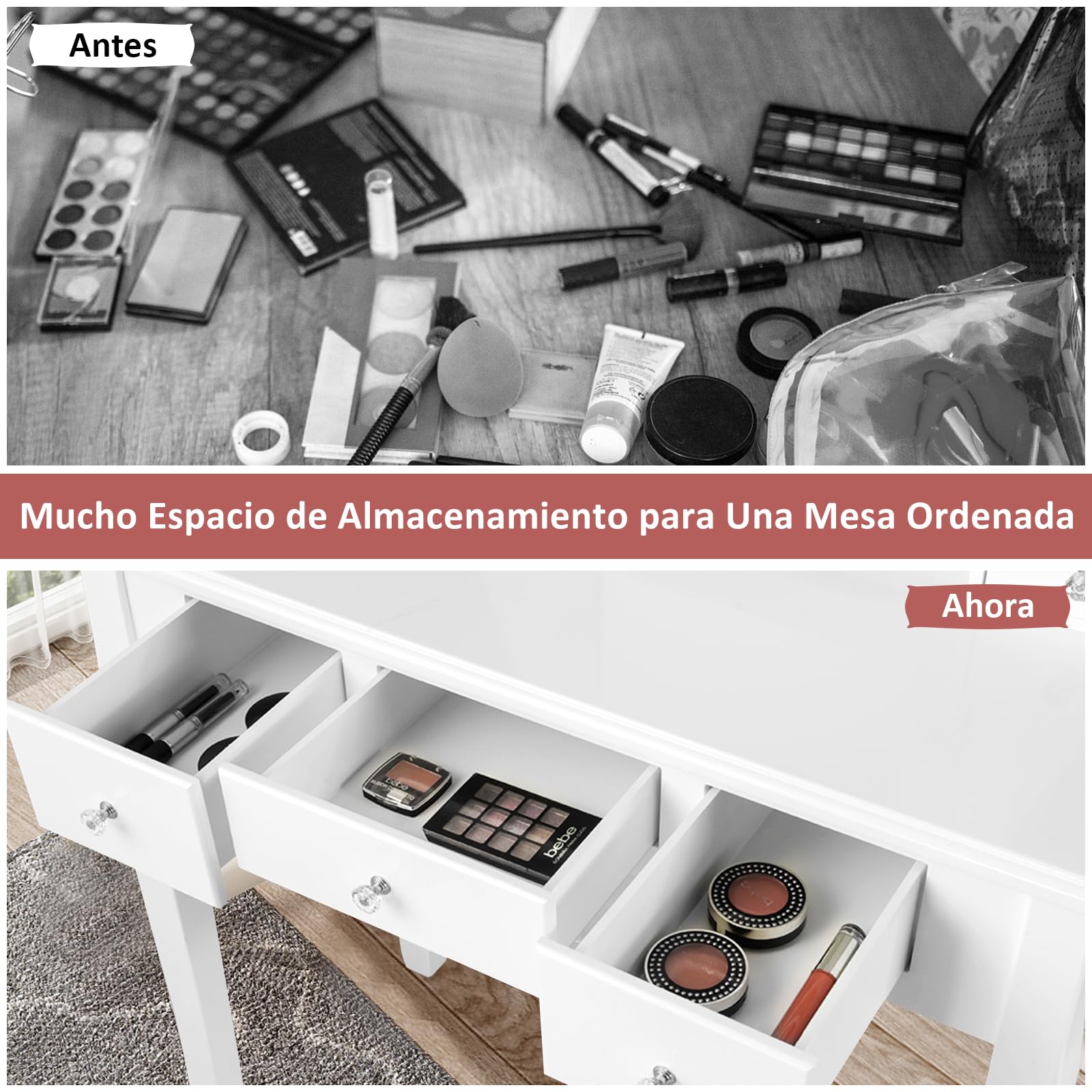 RELAX4LIFE Tocador de Maquillaje con Espejo Extraíble y Giratorio 360° y 10 Luces LED Regulables, Tocador Maquillaje con Taburete Acolchado, 5 Cajones, 3 Compartimentos y 2 Estantes (Blanco)