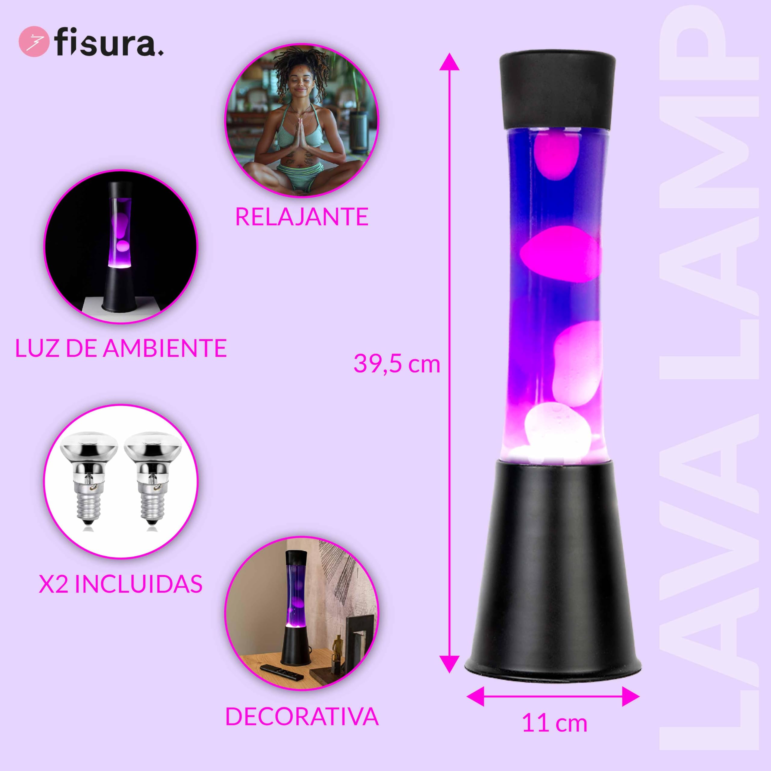 Fisura - Lámpara de lava multicolor. Base blanca y cristal con efecto degradado multicolor. Lámpara efecto relajante. Con bombilla de repuesto. 11 cm x 11cm x 39,5 cm. (Negro y morado)