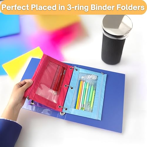 Miniatura 10 de ACRSIKR Estuche para lápices de 3 anillos, con cremallera, estuche para lápices, estuche para cosméticos, paquete de 2 unidades, color negro,