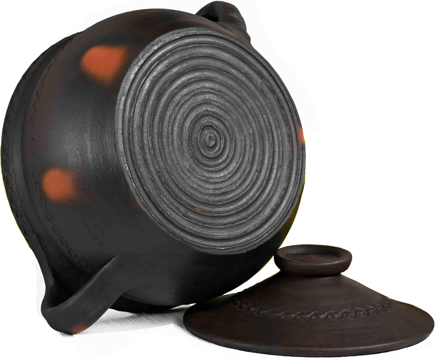 High Wind Flamed Dark Primitive Cooking Pot with Handles - Hand Etched - Made from Fire Clay: Compact Design for Stove Top and Open Fire