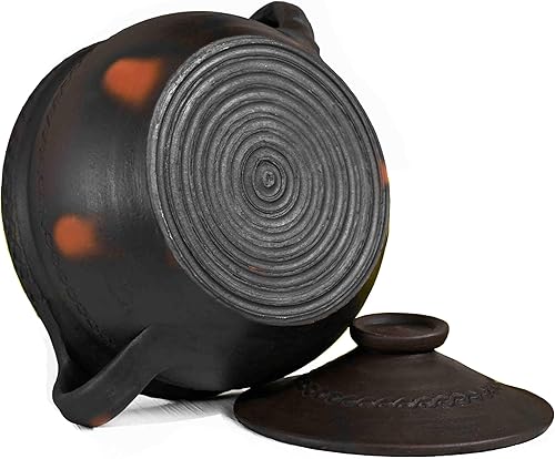 Miniatura 2 de Olla de cocina primitiva oscura flameada de viento alto con asas, grabada a mano, hecha de arcilla de fuego: diseño compacto para estufa y fuego