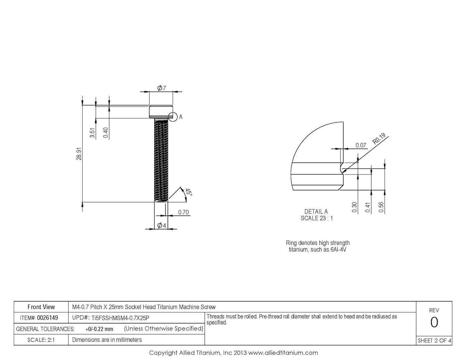 0026149, (Pack of 8) M4-0.7 Pitch X 25mm Socket Head Machine Screw, Grade 5 (Ti-6Al-4V)