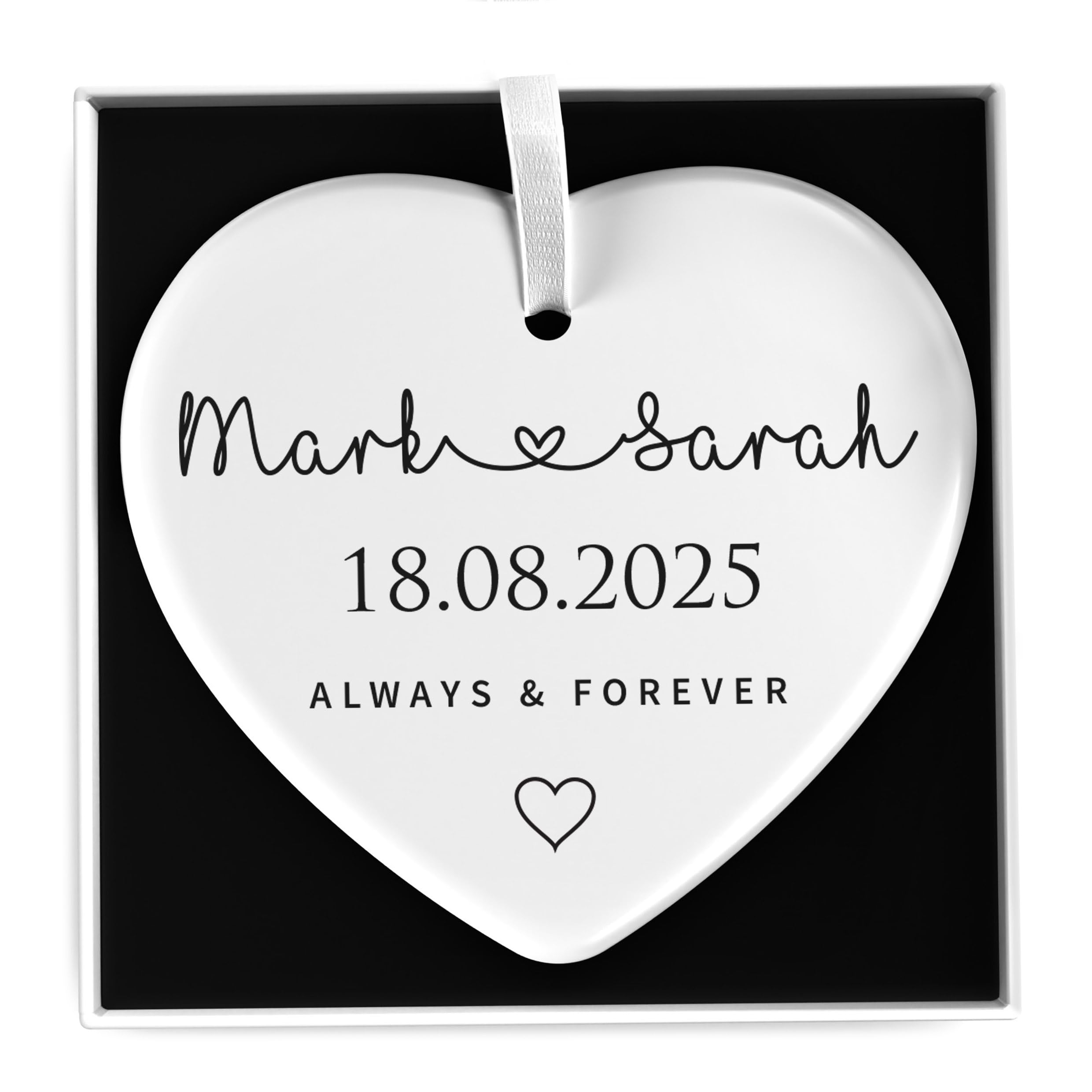 Beecreative Personalised Engagement Anniversary Date Gifts, First Date Present, Custom White Ceramic Heart Keepsake Gift, Valentines Gift For Boyfriend Girlfriend Husband or Wife, With Gift Box