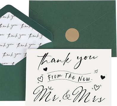 AZAZA 50 PK Thank You Cards with Envelopes,Green Envelopes and Gold Stickers Greeting,Thank You from the New Mr and Mrs Cards Bulk for Weddings,Shower,4 * 6 IN