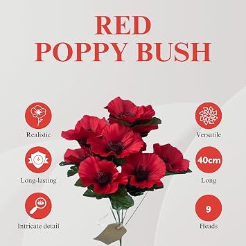 Red Poppy Bush | Artificial Poppy Flowers with 9 Vibrant Heads | Perfect for Bouquets, Centerpieces, Wreaths & DIY Floral Arrangements | Long-Lasting, Realistic Design (40cm)