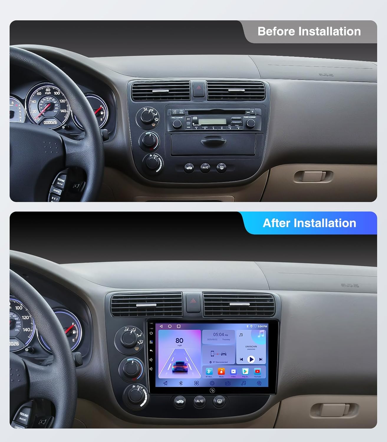 Before and after installation comparison of the car stereo in a Honda Civic dashboard. The 'Before' image shows the original factory radio, and the 'After' image shows the new 9-inch touchscreen unit.