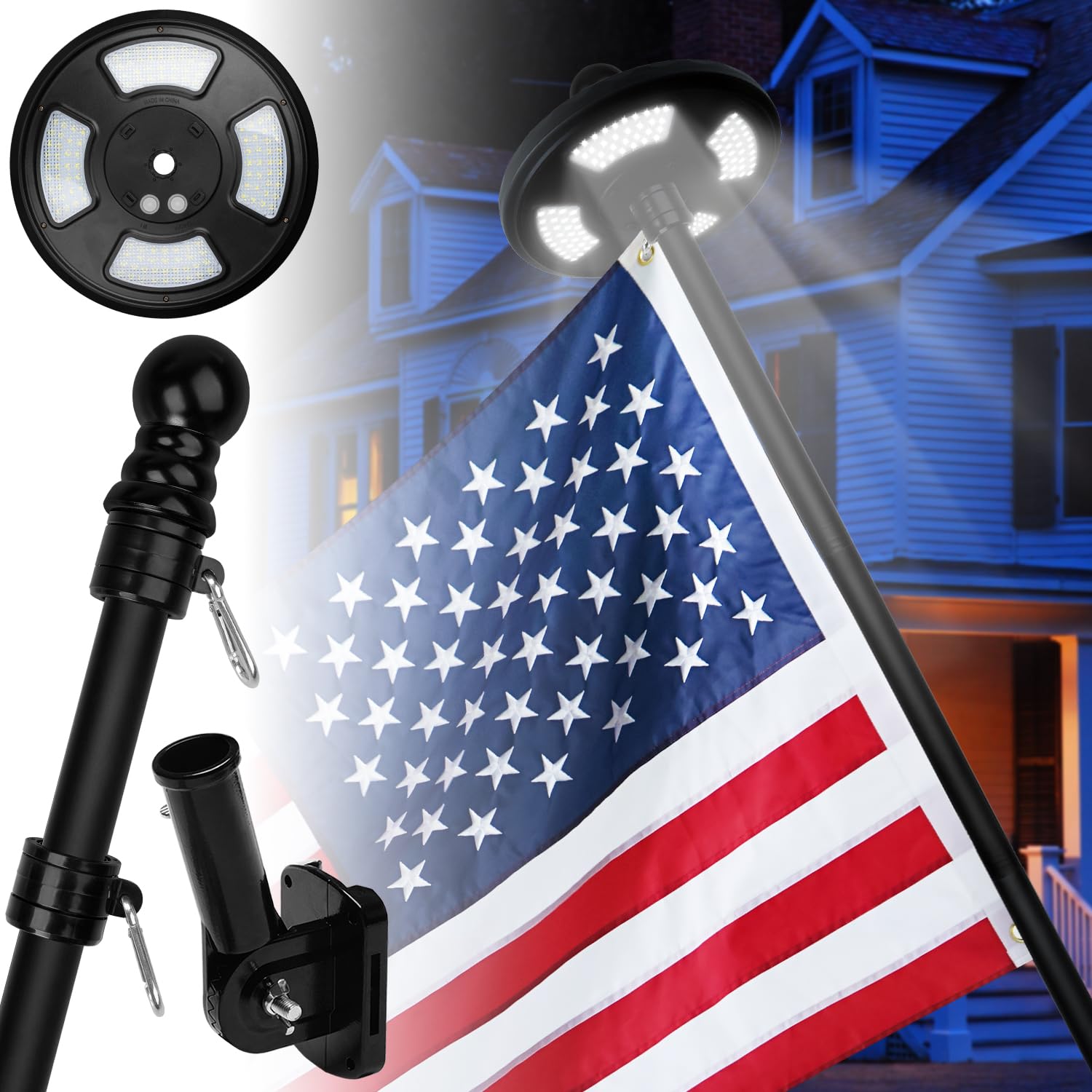 XIFAN6 FT Flag Pole with Solar Light Kit, Metal No Tangle Pole with Holder, 128 LED Solar Powered Light, Set for 10 Hours Use for Night House Outdoor Outside, Black