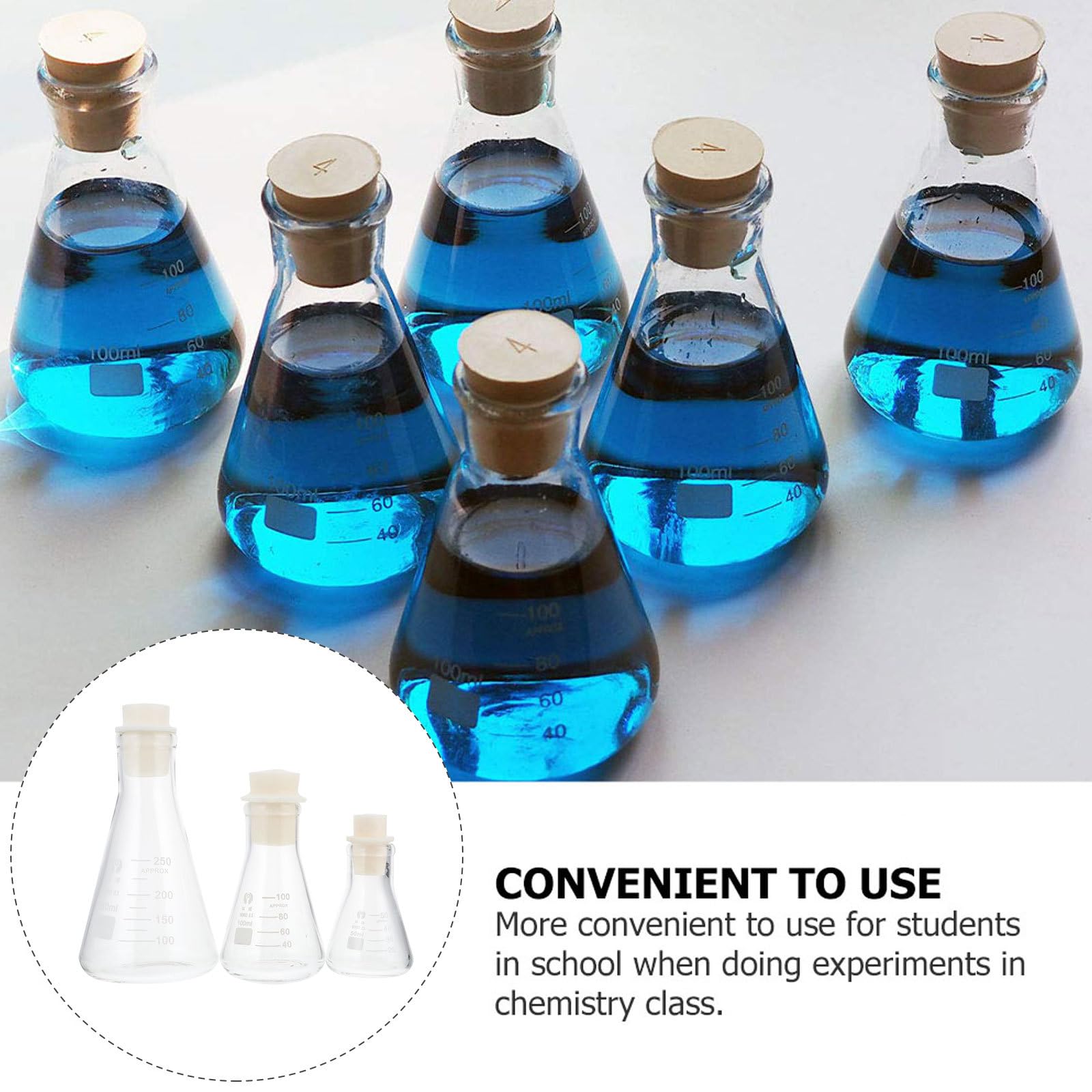 3 Stück Laborkolben aus Glas mit Gummistopfen 250ml Konische Verdickte Kolben Klar Skaliert für Schul und Experimentiereinsatz Zufällige Farbe