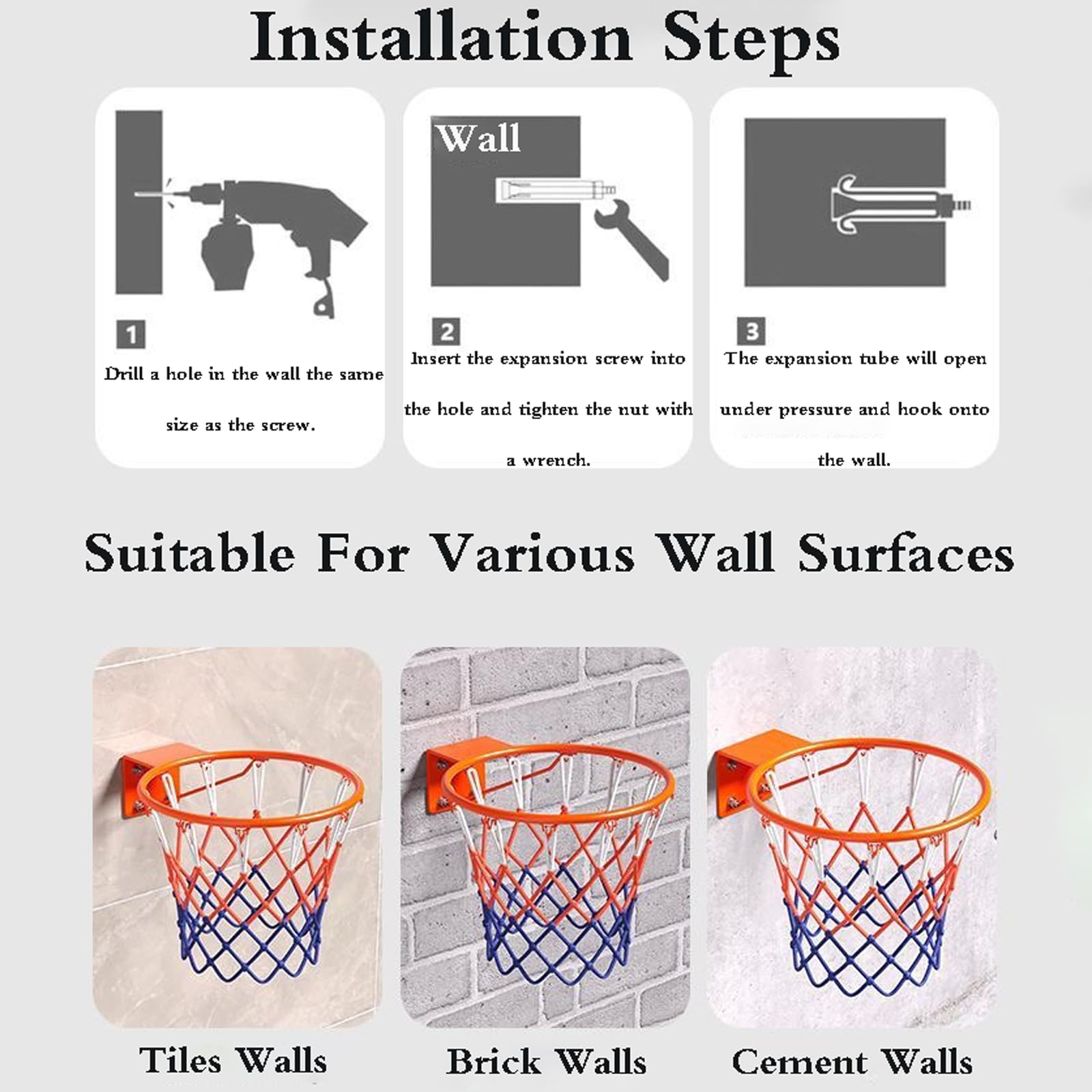Canestro da Basket a Parete, Altezza Regolabile, per Uso Interno/Esterno, Perfetto per l'allenamento, Adatto a Bambini e Adulti, Facile da installare per Lo Sport in casa