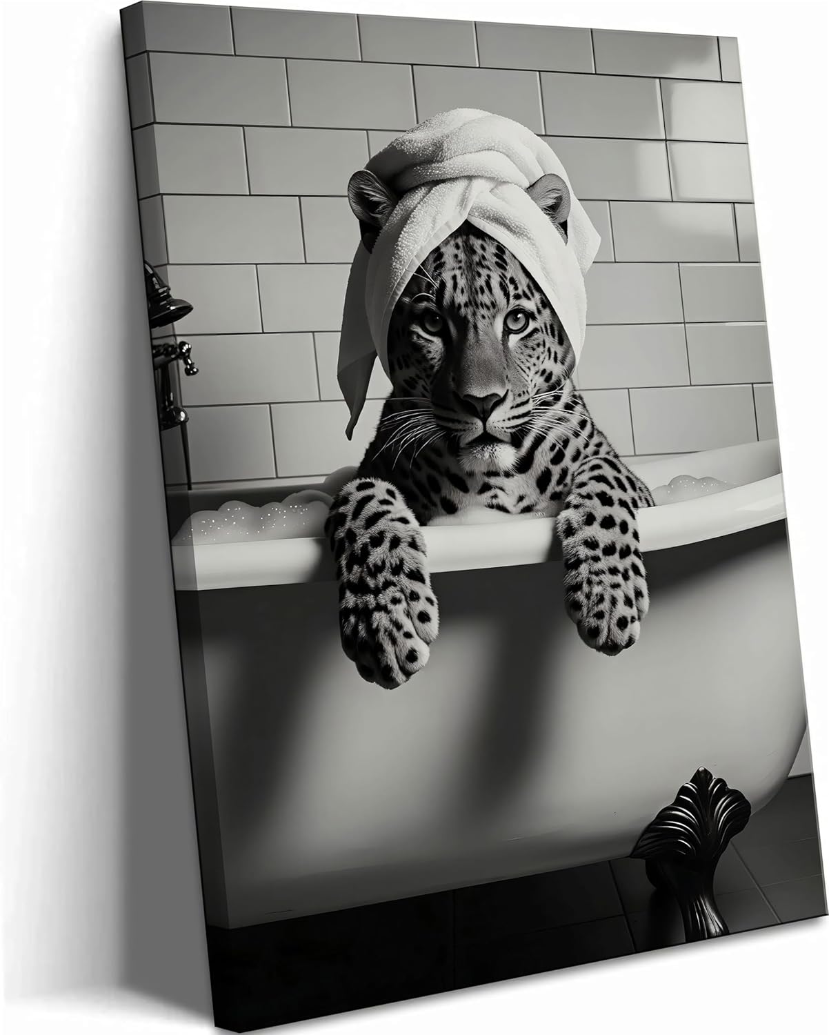 Leopard In Bathtub Canvas Wall Art Trendy Black and White Bathroom Animal Wall Decor Picture Funky Maximalist Leopard Bathroom Aesthetic Poster Print for Restroom Toilet Decoration 16x24in
