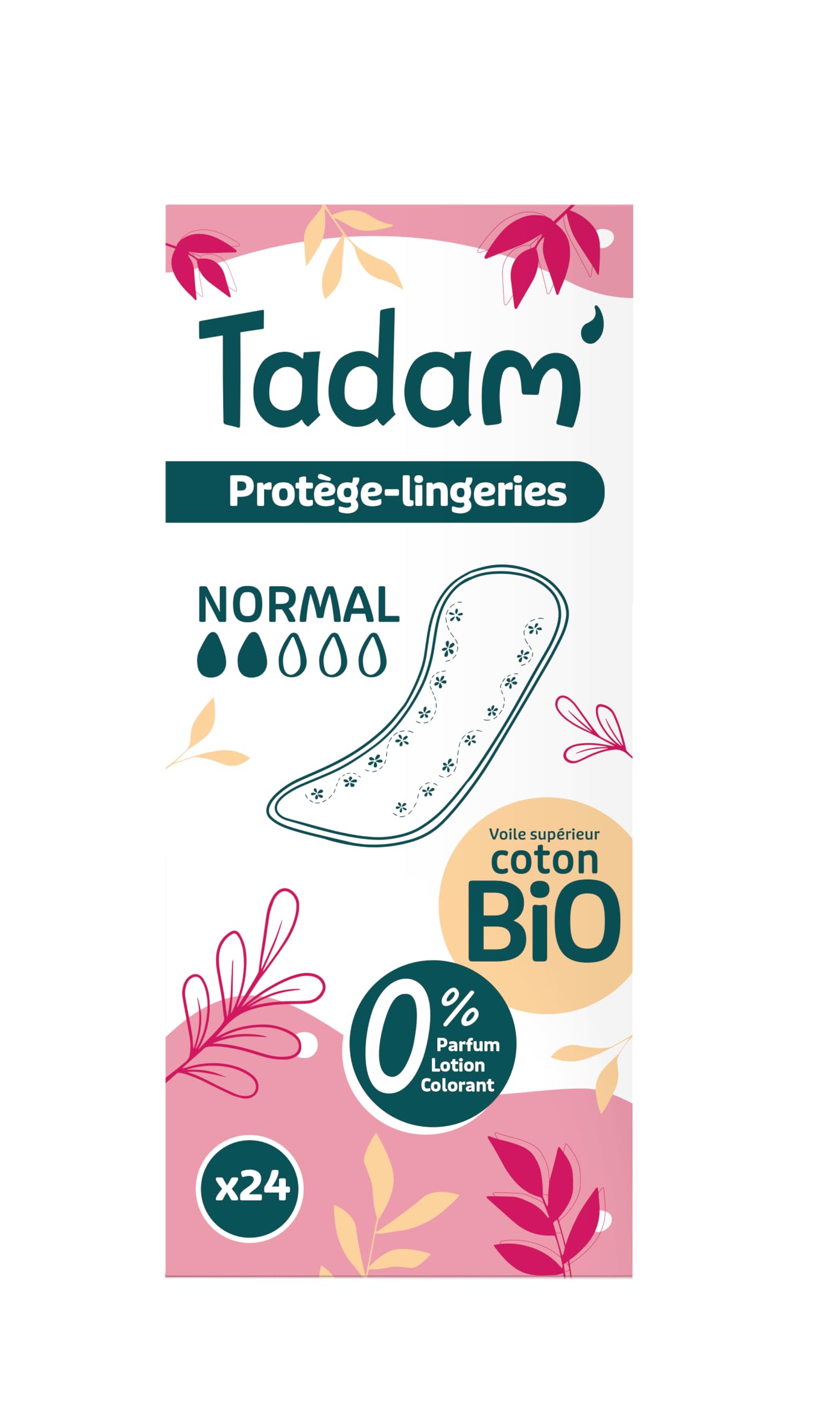 TADAM' - Protèges Slip Bio Dermo-​Sensitif - Protèges Slip Femme Ultra Discrets et Non Irritants pour Peaux Sensibles - Voile 100% Coton Bio - Protection Hygiénique Femme Format Normal - 24 Unités