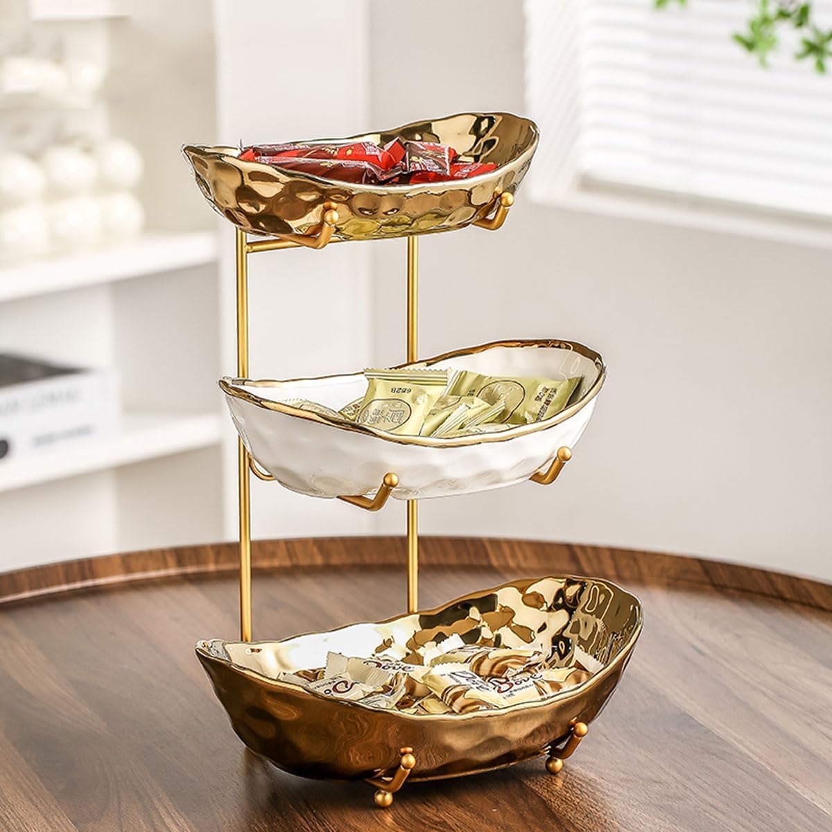 3-Tier Fruit Bowls for Kitchen Counter,Ceramic Bowl with Gold Metal Stand,3 Tier Fruit Basket for Fruit,Snack,Cake,Nuts,Dessert Storage