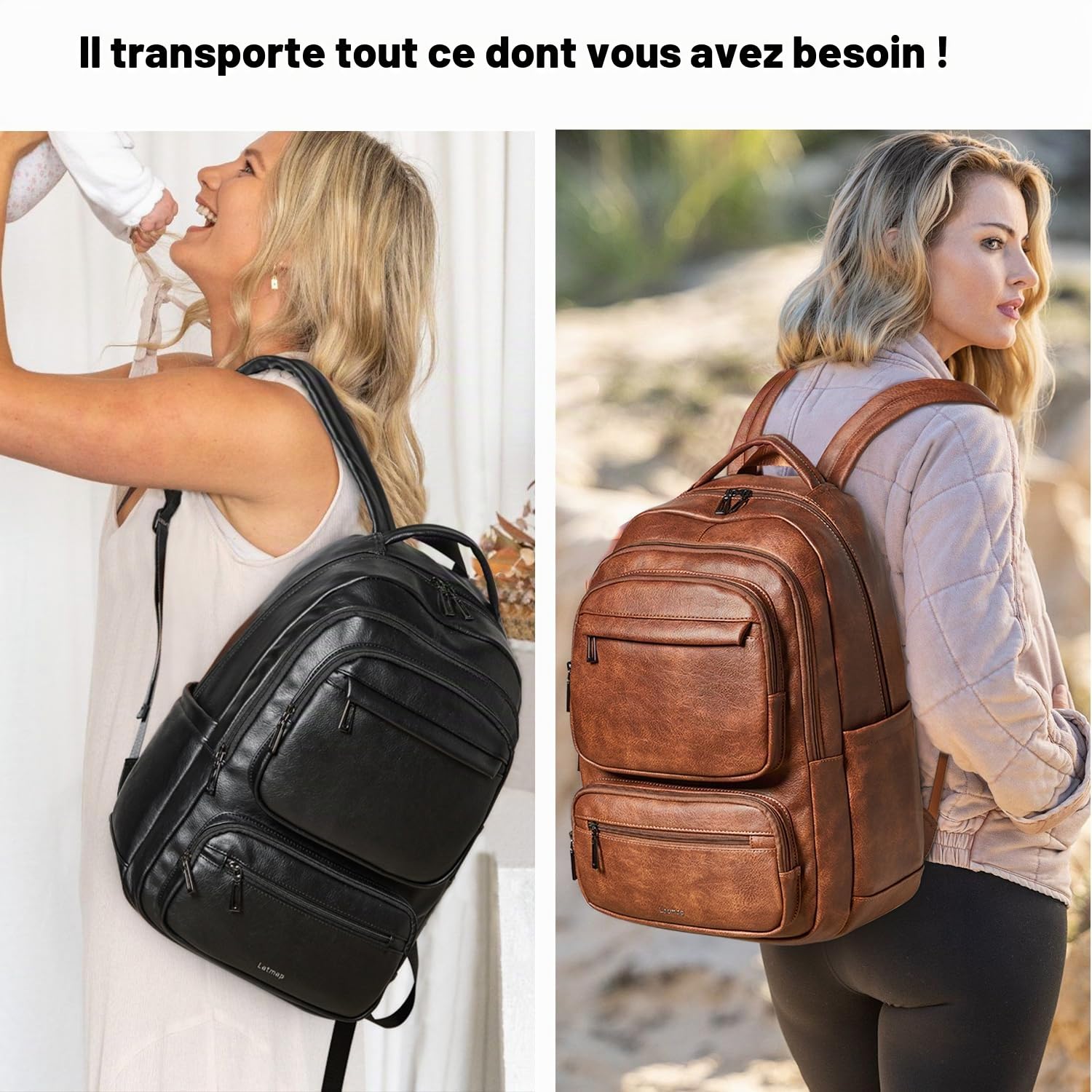 LATMAP Sac à Dos Femme 43L,PU Cuir Backpack Antivol Sac a Dos Scolaires Déperlant Sac College Fille Mixte Idéal Affaires,Voyage,Scolaire Collège,couleur café