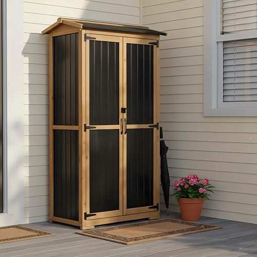 Miniatura 10 de PetsCosset Armario de almacenamiento para exteriores impermeable, cobertizo de almacenamiento al aire libre con estantes, madera y metal para patio,