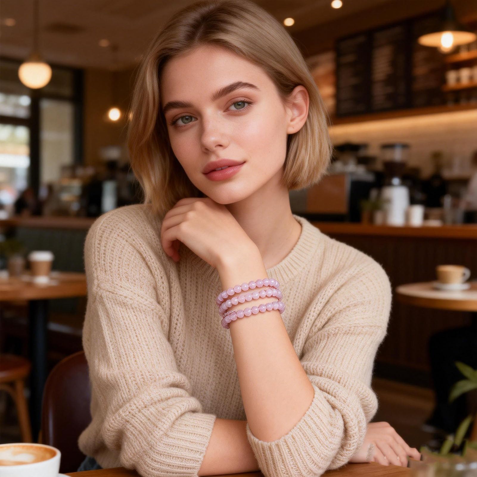 Braccialetti Rosa Naturali Fatti a Mano, Braccialetti Elasticizzati con Pietre preziose al Quarzo Fantasma Braccialetti Quarzo Rosa, per l'energia positiva dell'amore Meditazione,3MM