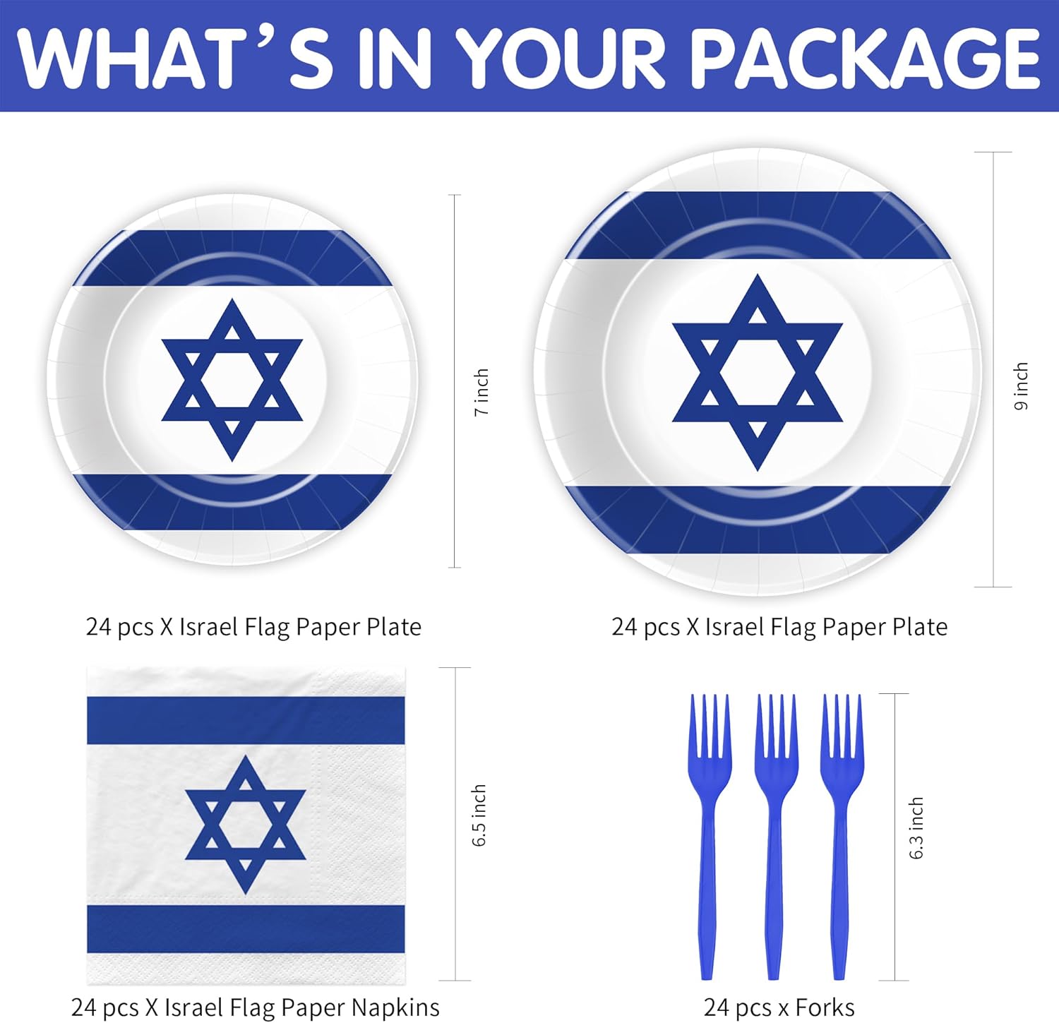Israel Flag Party Decorations Tableware, Israeli Flag Party Supplies, Paper Plate, Napkin, Fork, for Israeli Independence Day or Jewish Patriotic Holiday, Serves 24
