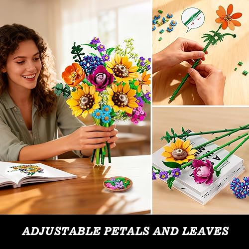 Miniatura 4 de Juego de construcción de ramo de flores silvestres con luces, colección botánica de 18 flores, bloques de construcción, girasol, rosa, caléndula,