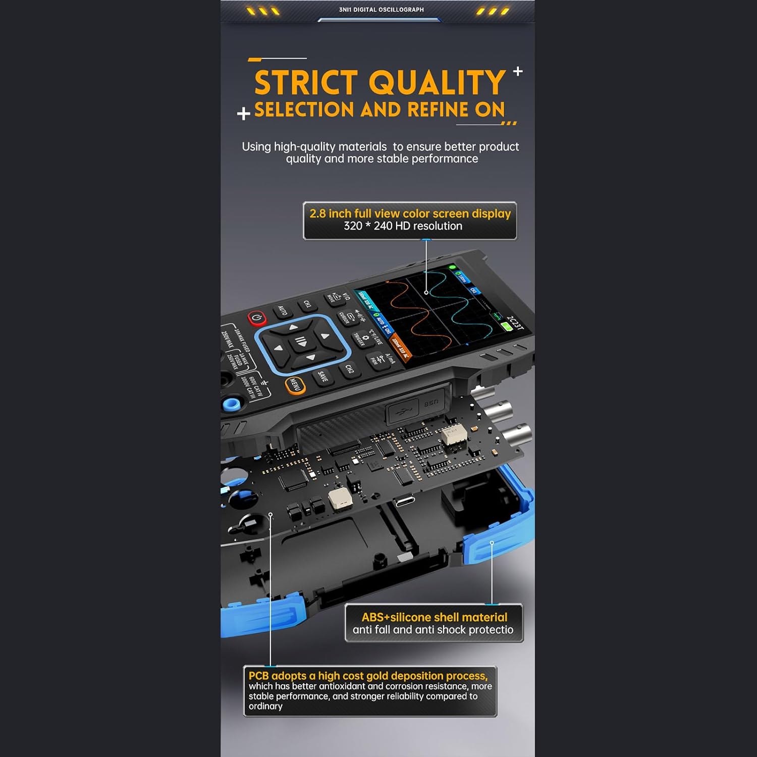 Infographic detailing the various integrated functions of the 2C23T device