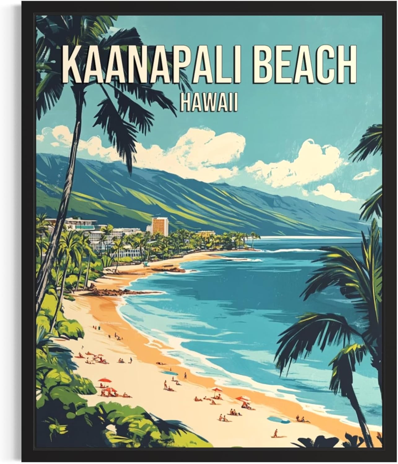 Kaanapali Beach Hawaii Wall Art Print Poster, US Vintage Retro Beach Scenery Posters Prints for Restroom Home Picture Painting Artwork Gallery 219 (Kaanapali Beach Hawaii, 18 x 24 inches, Black Frame)